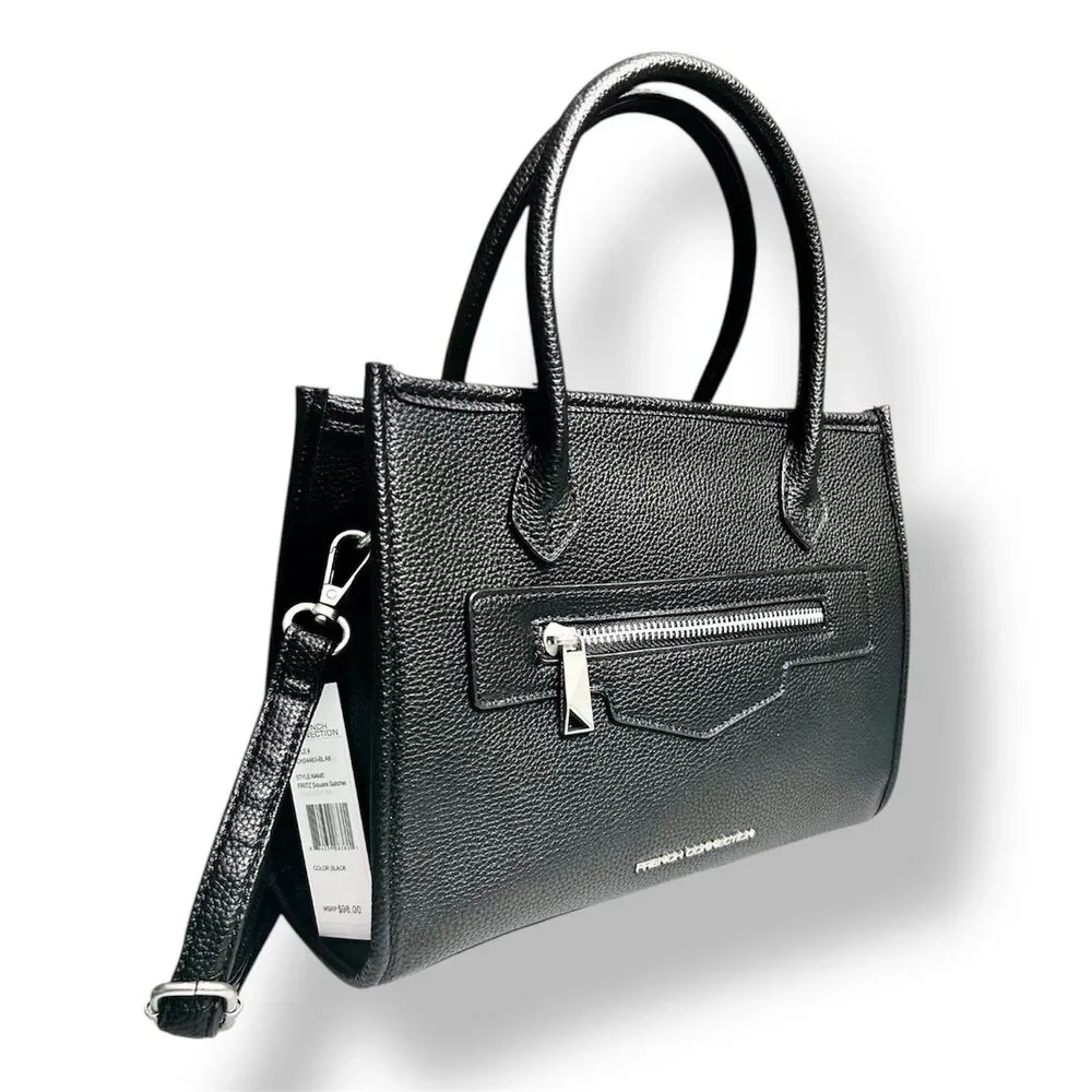 NEW‎ French Connection Black Vegan Leather Fritz Square Satchel Handbag Purse